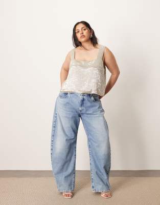 Arrange Curve Embellished Beaded Square Neck Boxy Crop Top In Silver