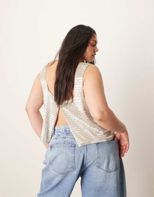 Women's Sequin Denim Tank Top - Square Neck Hook & Eye Crop Top, Asymmetrical Hem - View #6
