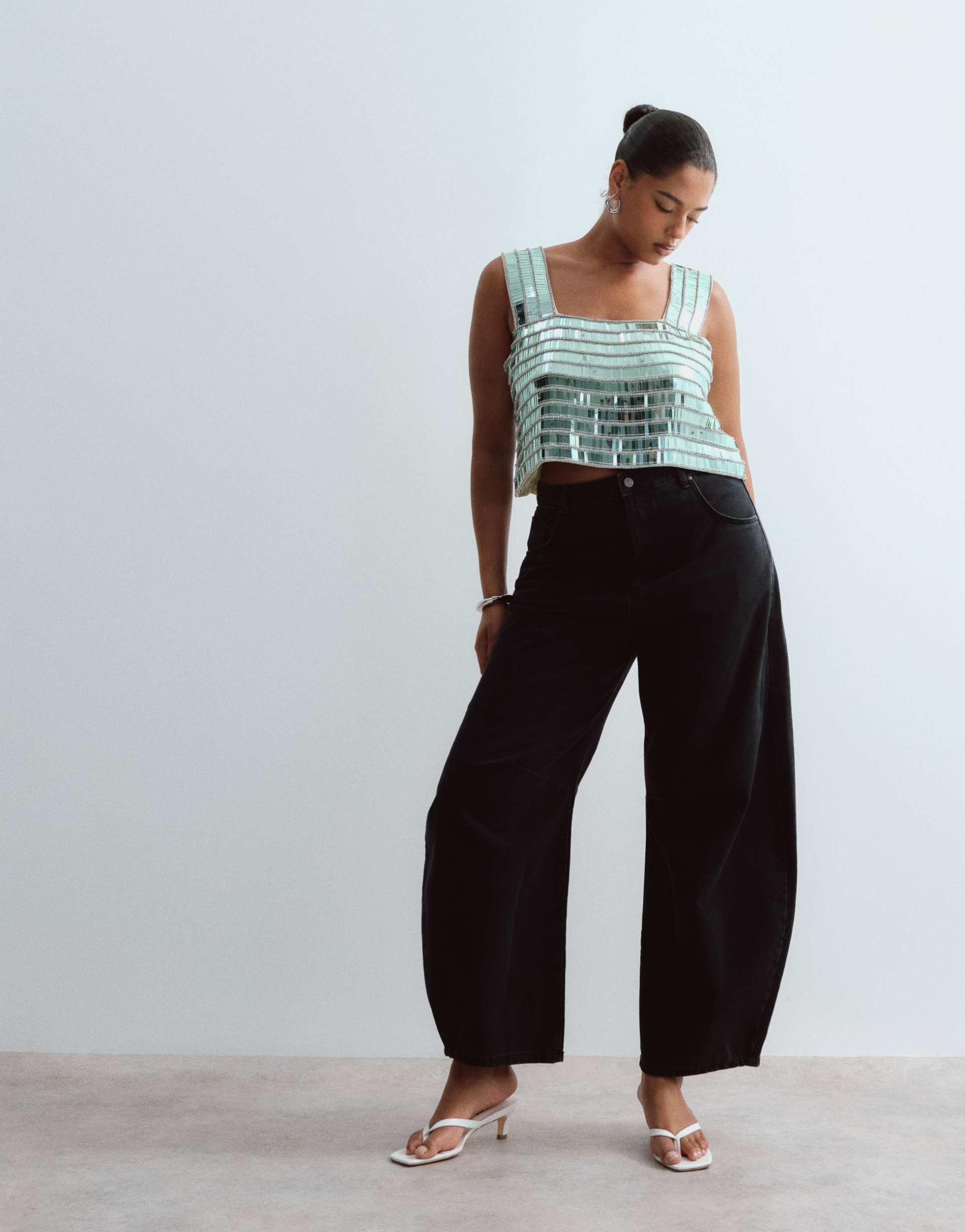 arrange curve embellished beaded square neck boxy crop top in soft green
