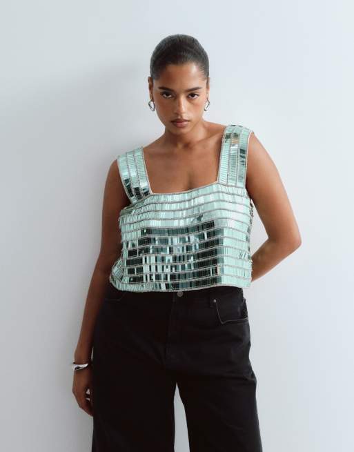ARRANGE Curve embellished beaded square neck boxy crop top in soft green, 2 of 4