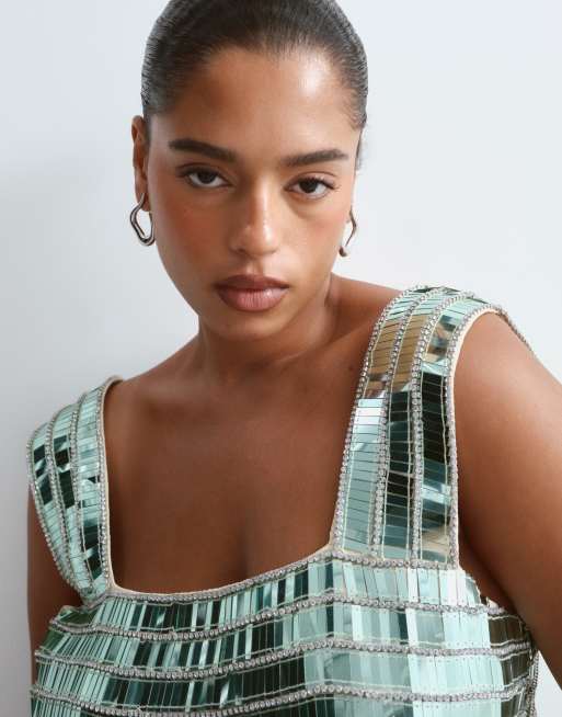 ARRANGE Curve embellished beaded square neck boxy crop top in soft green, 3 of 4