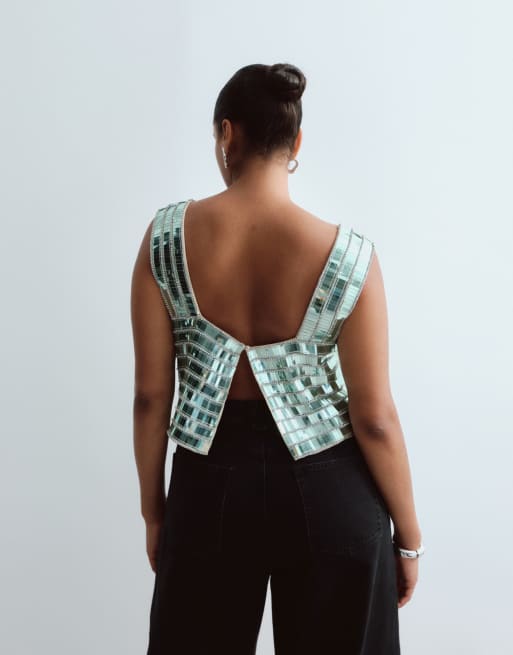 ARRANGE Curve embellished beaded square neck boxy crop top in soft green, 4 of 4