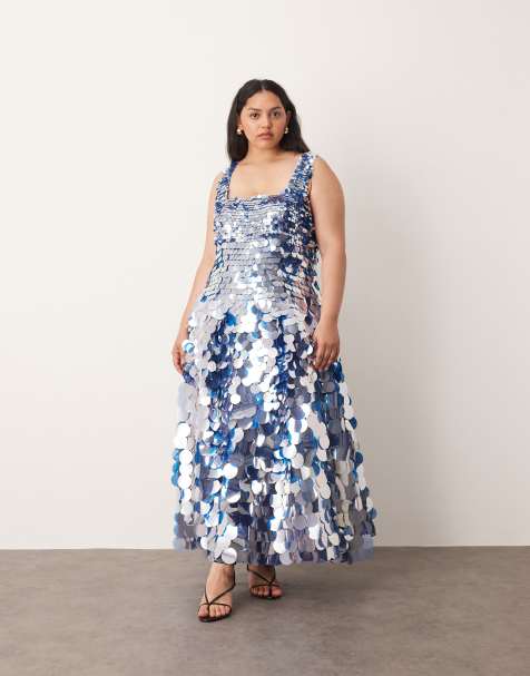 ARRANGE Curve embellished disc sequin square neck full skirt midi dress in blue - view 1