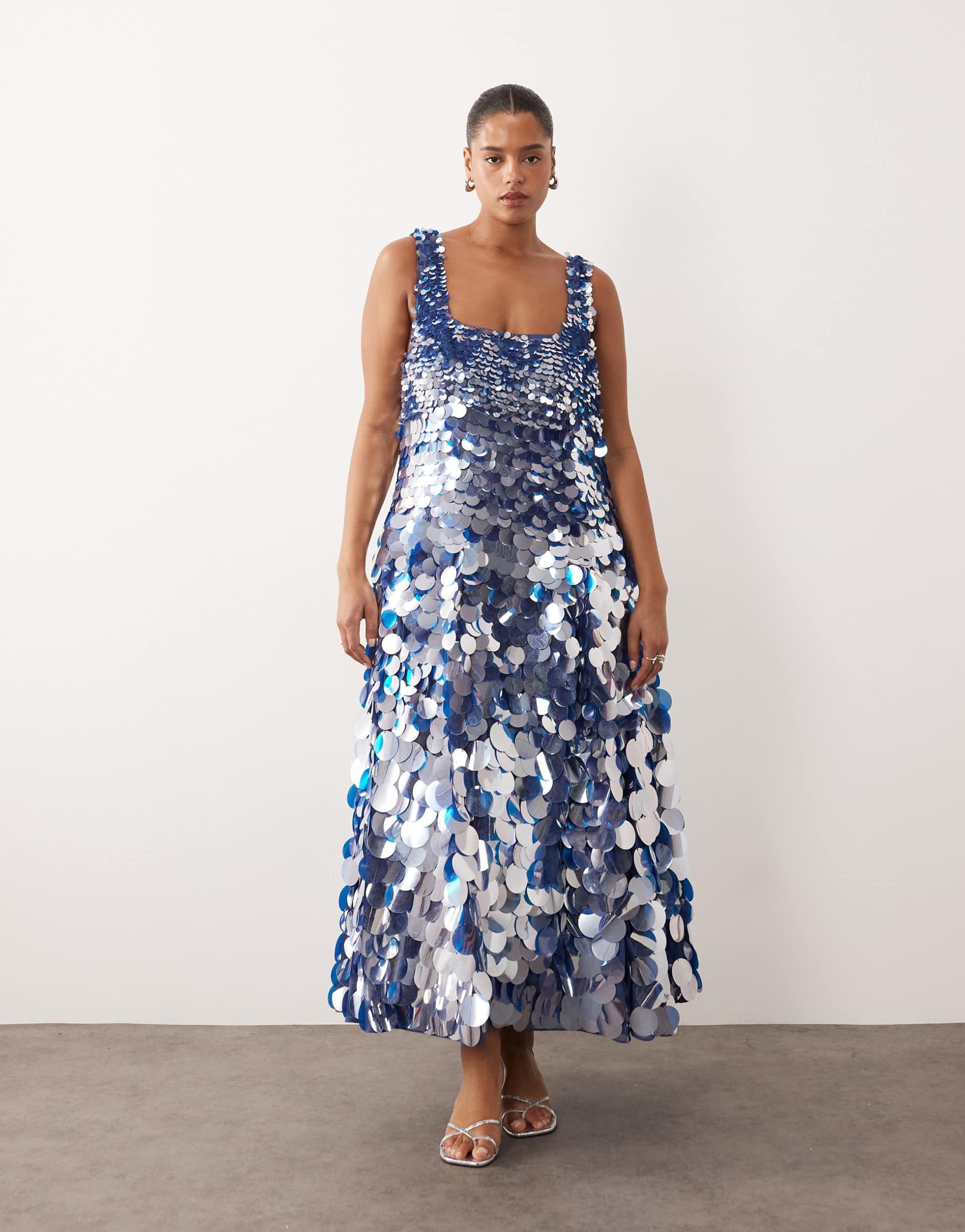 arrange curve embellished disc sequin square neck full skirt midi dress in blue