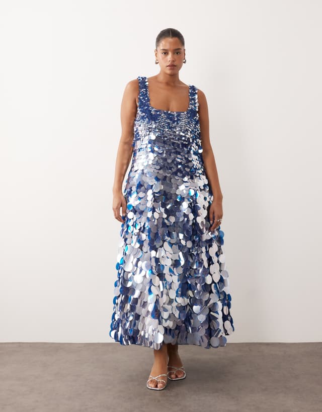 ARRANGE Curve embellished disc sequin square neck full skirt midi dress in blue