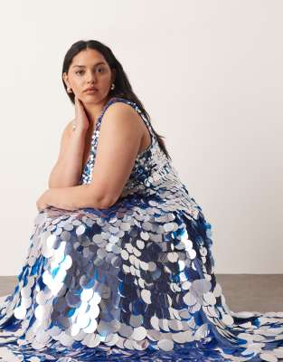 Arrange Curve Embellished Disc Sequin Square Neck Full Skirt Midi Dress In Blue