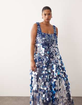 ARRANGE Curve embellished disc sequin square neck full skirt midi dress in  blue | ASOS