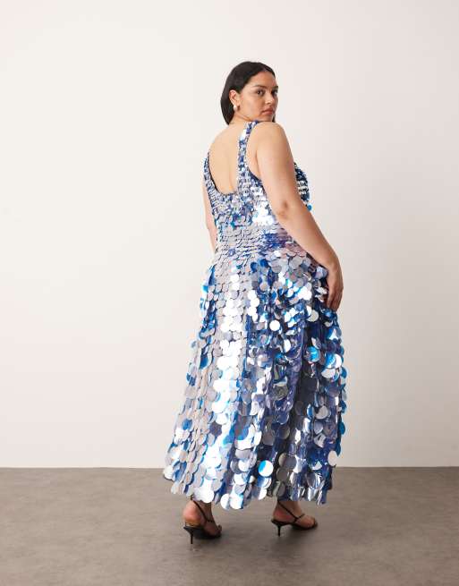 ARRANGE Curve embellished disc sequin square neck full skirt midi dress in blue