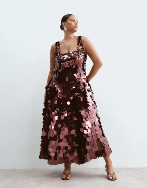 ARRANGE Curve embellished disc sequin square neck full skirt midi dress in burgundy - view 1