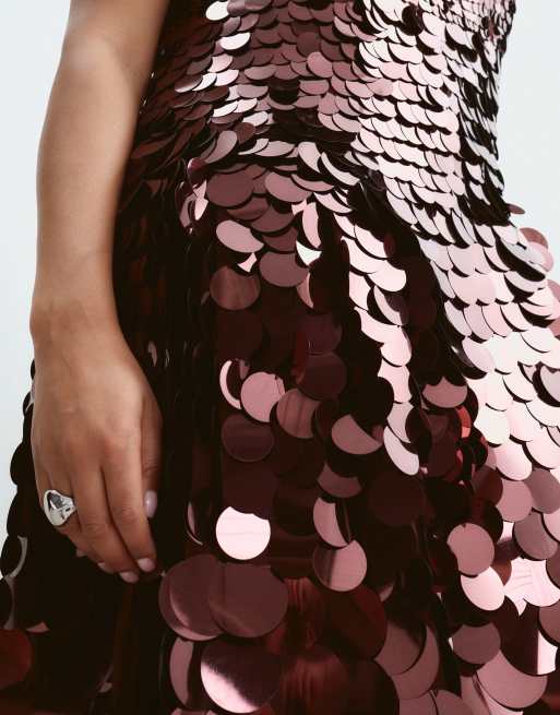 ARRANGE Curve embellished disc sequin square neck full skirt midi dress in burgundy, 3 of 5