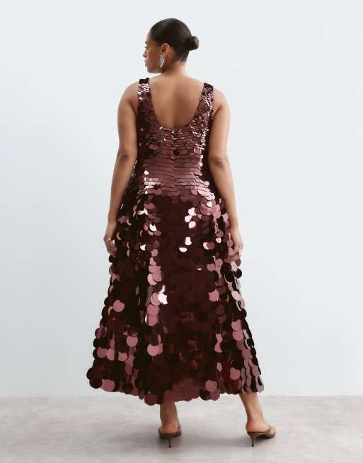 ARRANGE Curve embellished disc sequin square neck full skirt midi dress in burgundy, 4 of 5