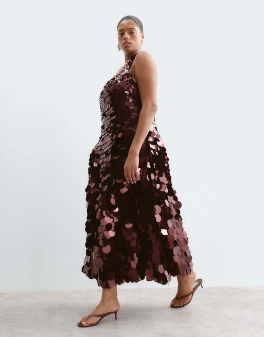 ARRANGE Curve embellished disc sequin square neck full skirt midi dress in burgundy, 5 of 5
