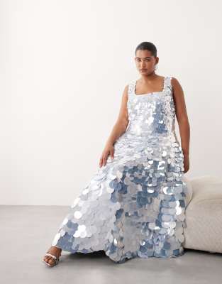 Arrange Curve Embellished Disc Sequin Square Neck Full Skirt Midi Dress In Blue