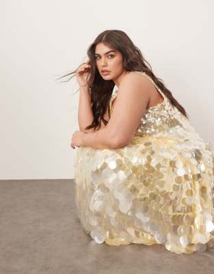 Arrange Curve Embellished Disc Sequin Square Neck Full Skirt Midi Dress In Yellow