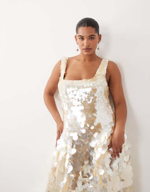 ARRANGE Curve Embellished Disc Sequin Square Neck Full Skirt Midi Dress in lemon-Yellow