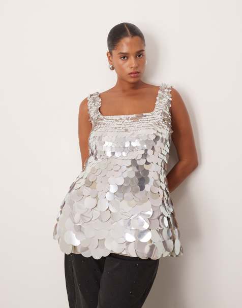 ARRANGE Curve embellished disc sequin square neck top - view 1