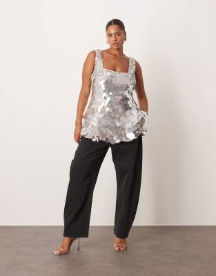 Arrange Curve Embellished Disc Sequin Square Neck Top-silver In Multi
