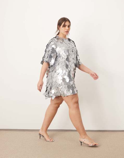 ARRANGE Curve embellished disc sequin t-shirt mini dress in light blue - view 1