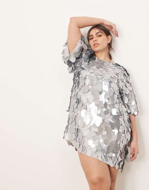 ARRANGE Curve embellished disc sequin T-shirt mini dress in light blue