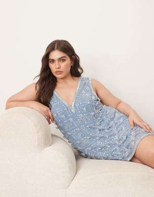 ARRANGE Curve embellished floral crystal encrusted a-line mini dress in light blue