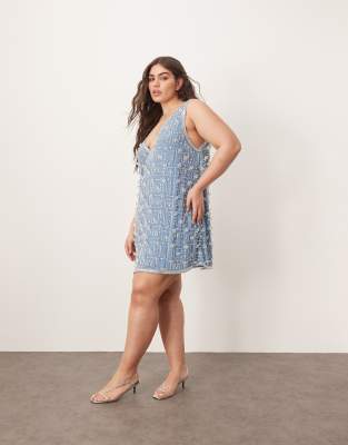 ARRANGE Curve embellished floral crystal encrusted a-line mini dress in light blue