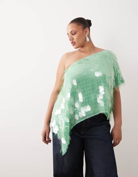 ARRANGE Curve embellished one shoulder top in apple green - view 1