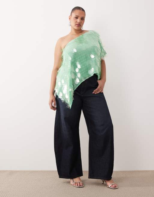 ARRANGE Curve embellished one shoulder top in apple green, 3 of 4