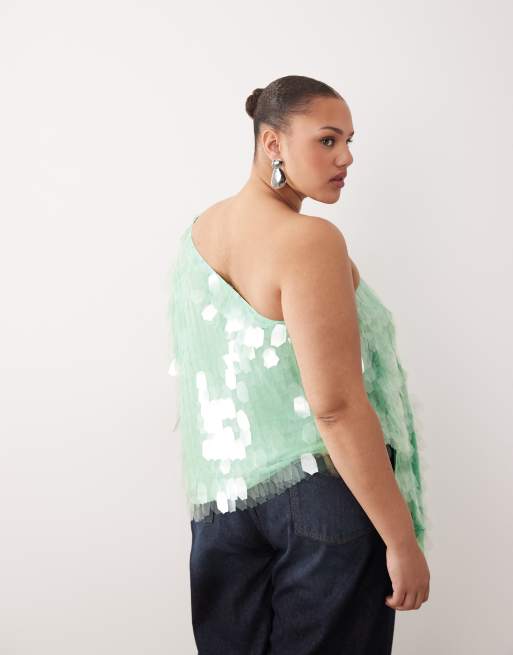 ARRANGE Curve embellished one shoulder top in apple green, 4 of 4