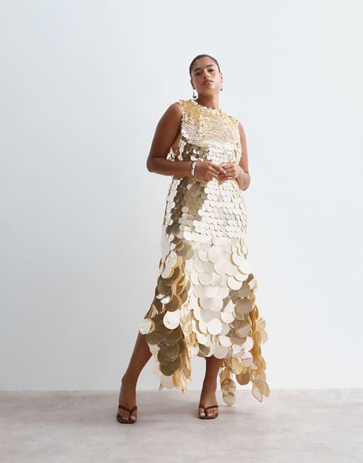 embellished sequin dress Plunge Neck Strappy Maxi In Gold Disc | EGO US Womens retrofte Nolia Sequin Embellished Dress Olga Embellished Sequin Maxi Dress