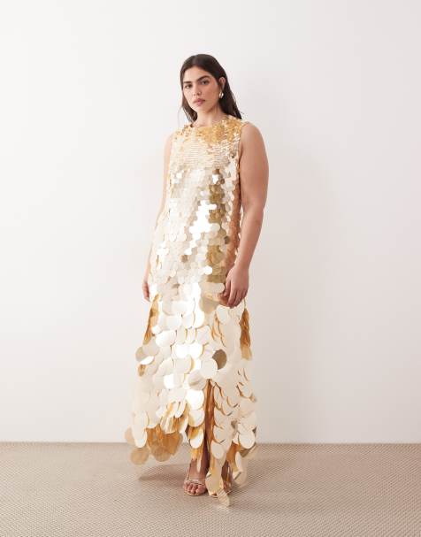 ARRANGE Curve embellished sequin high neck maxi dress in gold