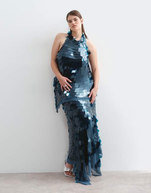 ARRANGE Curve embellished shard sequin longline halter neck top co-ord in petrol blue, 2 of 5