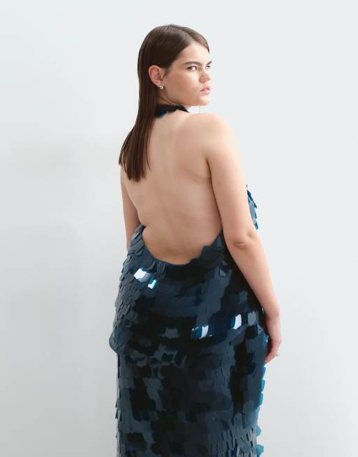 ARRANGE Curve embellished shard sequin longline halter neck top co-ord in petrol blue, 4 of 5