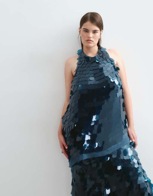 ARRANGE Curve embellished shard sequin longline halter neck top co-ord in petrol blue, 5 of 5