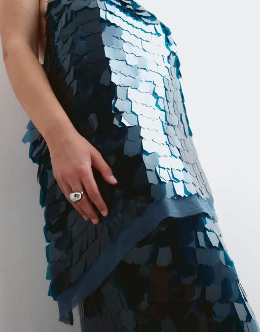 ARRANGE Curve embellished shard sequin longline halter neck top set in petrol blue, 3 of 5