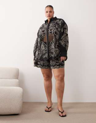 Arrange Curve Embroidered Cutwork Cotton Co-ord Shorts In Black