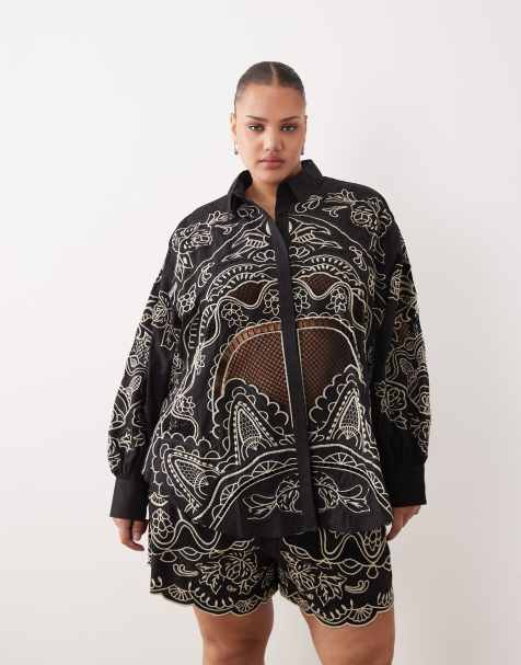 ARRANGE Curve embroidered cutwork cotton shirt in black and cream - part of a set - view 1