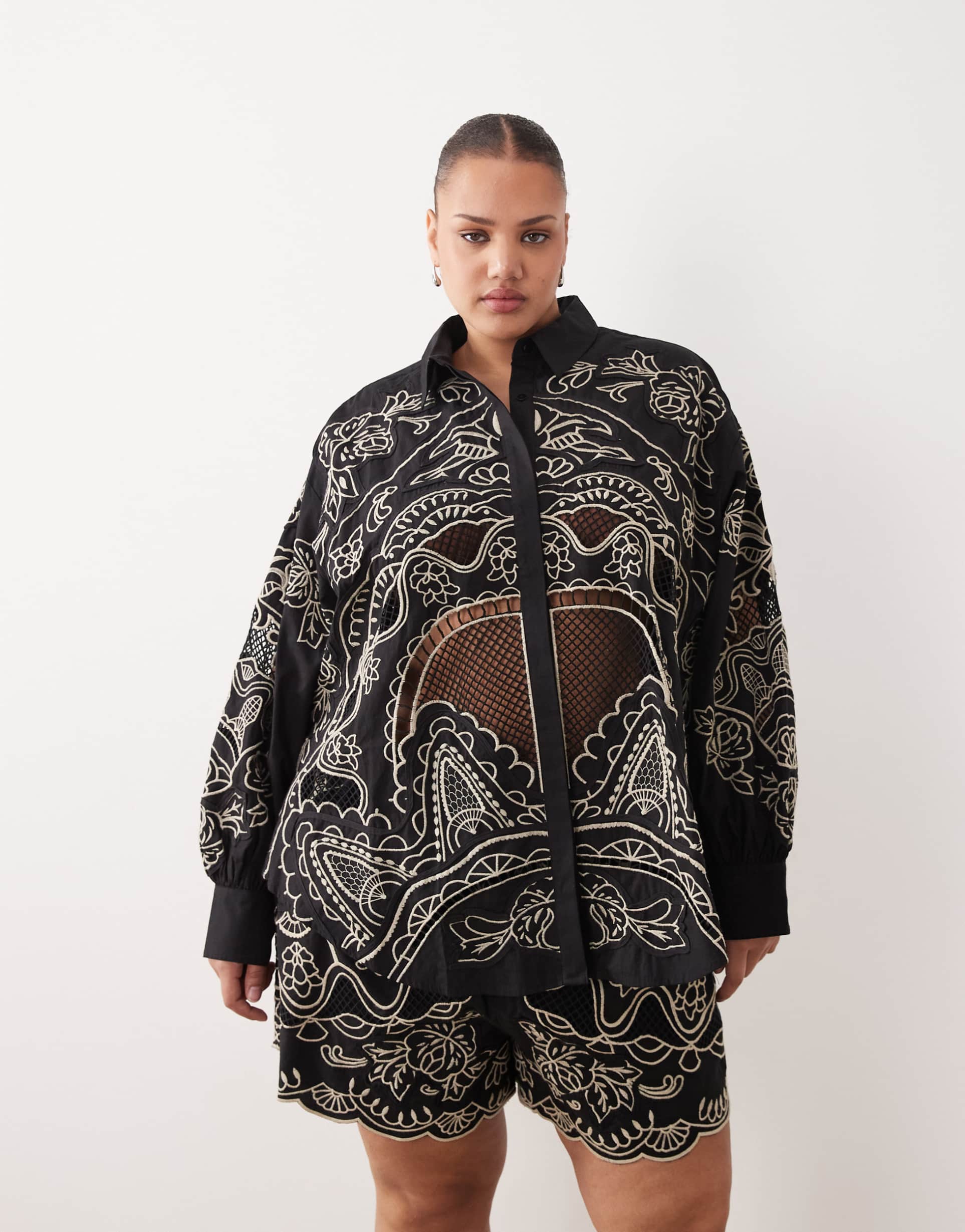 arrange curve embroidered cutwork cotton shirt in black and cream - part of a set