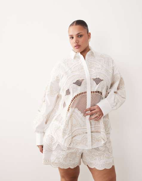 ARRANGE Curve embroidered cutwork oversized shirt in white - part of a set - view 1