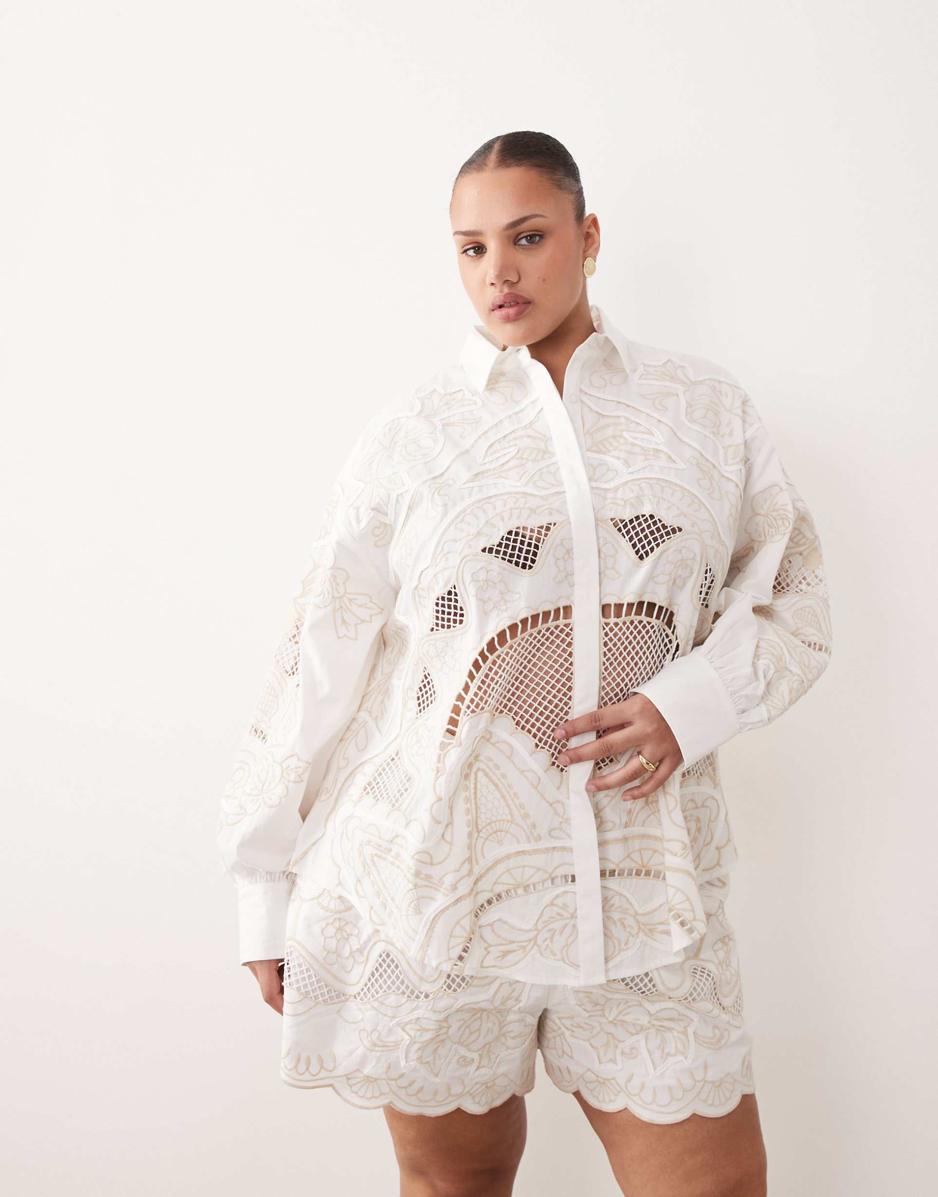 arrange curve embroidered cutwork oversized shirt in white - part of a set