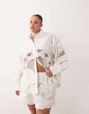 Arrange Curve Embroidered Cutwork Short Co-ord In White
