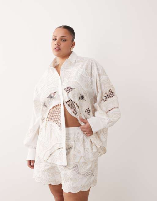 ARRANGE Curve embroidered cutwork shorts in white - part of a set, 2 of 5