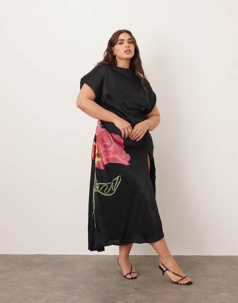 ARRANGE Curve embroidered floral asymmetric midi dress in black - view 1