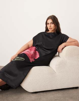 ARRANGE Curve embroidered floral asymmetric midi dress in black