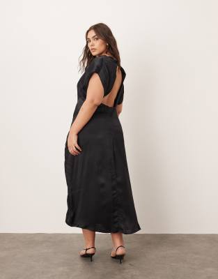 ARRANGE Curve embroidered floral asymmetric midi dress in black