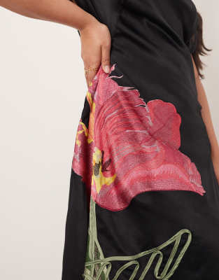 ARRANGE Curve embroidered floral asymmetric midi dress in black