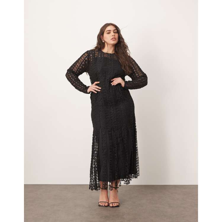 ARRANGE Curve embroidered lace long sleeve midi dress with fringe hem in  black | ASOS