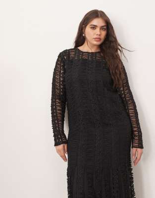 Arrange Curve Embroidered Lace Long Sleeve Midi Dress With Fringe Hem In Black