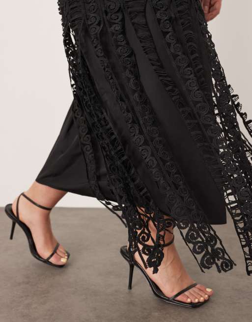 ARRANGE Curve embroidered lace long sleeve midi dress with fringe hem in black, 3 of 4