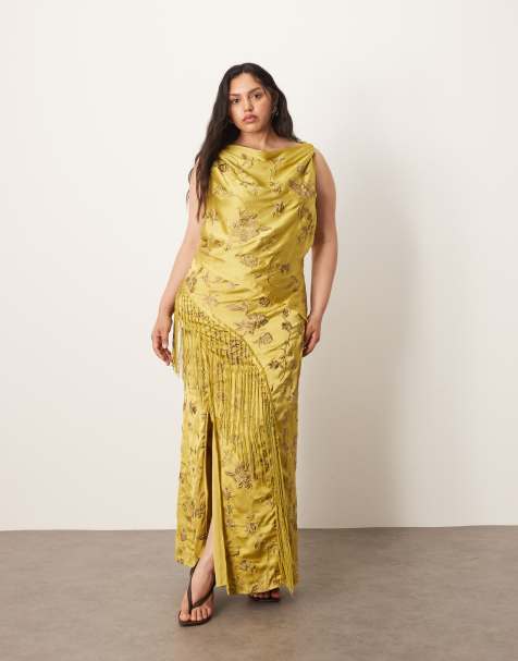 ARRANGE Curve embroidered satin drape midi dress with fringe in olive green - view 1