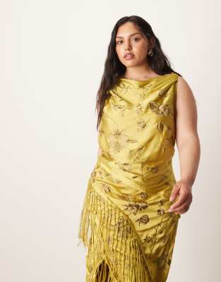 Arrange Curve Embroidered Satin Drape Midi Dress With Fringe